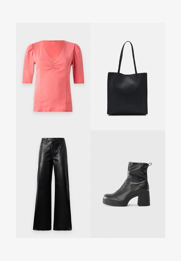 Coral short-sleeve top with a V-neckline, gathered detail at the front, and soft stretch fabric. Smooth texture and fitted design.; Black high-waist wide-leg faux leather pants with front button, zip closure, belt loops, and side pockets on white background.; Black ankle boots made of smooth leather, featuring a side zipper, chunky textured heel, and rounded toe design.; Black leather tote bag with smooth texture, rectangular shape, and two long handles. No visible hardware or embellishments.