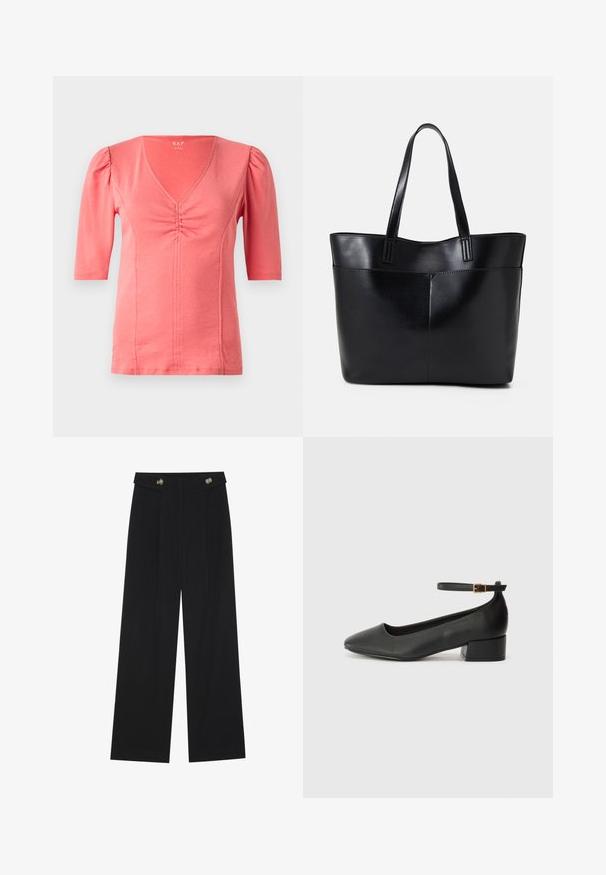Korall színű, rövid ujjú felső, V-nyakkivágással, elöl ráncolt részlettel és puha, elasztikus anyagból készült. Simább textúra és testhez álló kialakítás.; Fekete, bő szárú nadrág magas derékkal, gombos részletekkel a derékrészen és elülső pliszékkal.; Fekete bőr magassarkú cipő hegyes orral és alacsony tömb sarkal. Bokapánttal rendelkezik, aranyszínű csattal. Simább textúra.; Fekete bőr bevásárlótáska két hosszú fogantyúval, sima felülettel és strukturált formával. Elülső zseb található rajta a plusz tárolás érdekében.