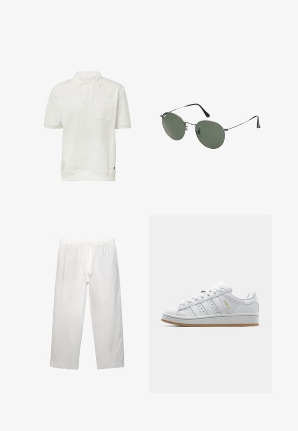 Witte polo met korte mouwen, voorzien van een gestructureerd gestreept patroon, V-hals en een enkele borstzak. Afgewerkt met een solide ribgebreide zoom.; Witte linnen broeken met een elastische tailleband met koord, een wijd been ontwerp en schone naden. Glad textuur met een casual pasvorm.; Witte sneaker met geperforeerd design met drie strepen, gestructureerde accenten, een rubberen zool en het "CAMPUS" logo in het goud aan de zijkant.; Metalen zonnebril met ovale groene lenzen. Dunne zilveren metalen rand en zwarte oorstoppers. Minimalistisch ontwerp, zonder zichtbare logo's.