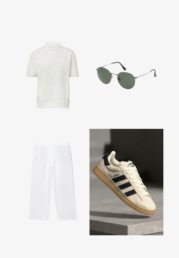 Witte polo met korte mouwen, voorzien van een gestructureerd gestreept patroon, V-hals en een enkele borstzak. Afgewerkt met een solide ribgebreide zoom.; Witte linnen cropped broeken met elastische tailleband, trekkoord en twee zijzakken. Soepele textuur en lichtgewicht ontwerp voor comfort.; Beige suède sneaker met drie donkerblauwe strepen, witte veters en een tan rubberen zool. Bevat een logo op de tong en de tekst "CAMPUS".; Metalen zonnebril met ovale groene lenzen. Dunne zilveren metalen rand en zwarte oorstoppers. Minimalistisch ontwerp, zonder zichtbare logo's.