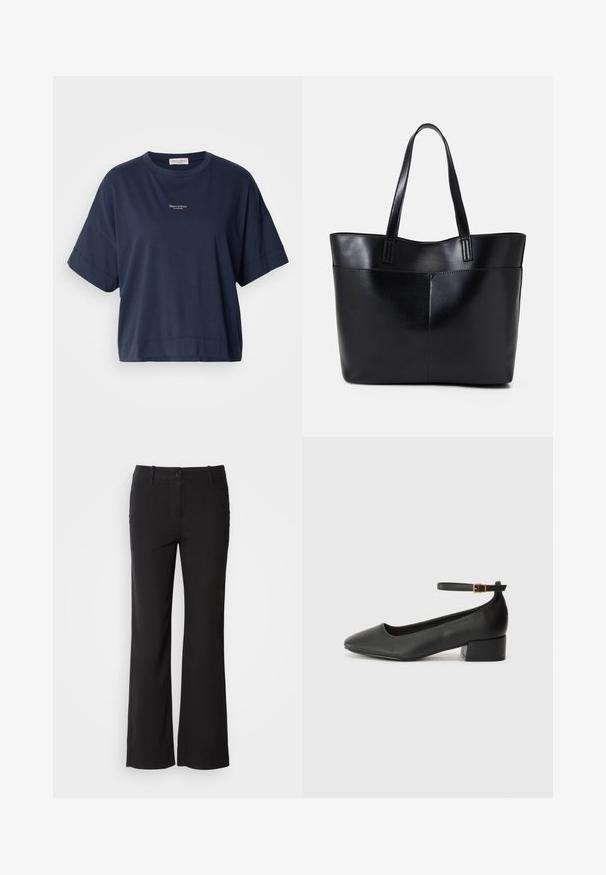 Temno modra majica s kratkimi rokavi iz mehkega bombaža. Ima krožni izrez in majhen logo natisnjen na prsih. Prijetna prileganje.; Črne hlače iz bombažne mešanice s ravnim krojem, sprednim gumbom in dvema stranskima žepoma. Gladek teksturiran material, brez vidnih vzorcev.; Črne usnjene pumpice z nazobčanimi prsti in nizko blokasto peto. Imajo trak okoli gležnja z zaponko v zlatem tonu. Gladka tekstura.; Črna usnjena torba z dvema dolgima ročajema, gladko teksturo in strukturirano obliko. Ima sprednji žep za dodatno shranjevanje.