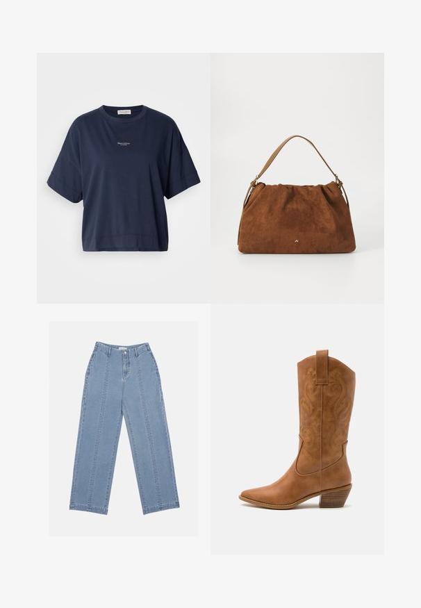 Temno modra majica s kratkimi rokavi iz mehkega bombaža. Ima krožni izrez in majhen logo natisnjen na prsih. Prijetna prileganje.; Svetlo modri široki traper hlače. Imajo visoko pasico, zaponko na gumb in vidne šive. Na sprednji strani niso vidni žepi.; Rjavi usnjeni kauboj čevlji s koničastim nosom, vezenimi vijugastimi vzorci na zgornjem delu in zloženim kvadratnim peto. Imajo zanko za enostavno obuvanje.; Rjava nubukova torbica z nabranim dizajnom, ki ima en sam tanek usnjen ročaj in subtilno zlate podrobnosti s logotipom na sprednji strani.