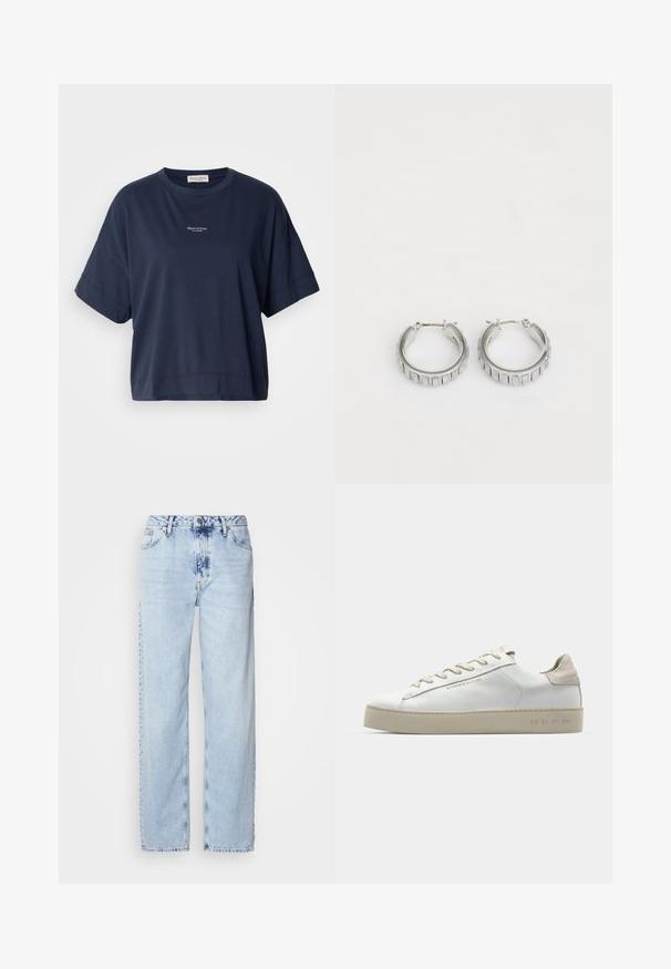 Camiseta de algodón suave, de color azul marino y de manga corta. Presenta un cuello redondo y un pequeño logo impreso en el pecho. Ajuste casual.; Jeans de pierna ancha en azul claro, confeccionados en denim, con una cintura alta, un lavado desgastado y un sutil patrón de tie-dye en la parte delantera.; Zapatilla de deporte blanca de cuero con un acabado suave, acentos de gamuza beige, punta redonda, diseño plano con cordones y suela de goma texturizada.; Pendientes de aro plateados con un diseño texturizado que presenta estrías verticales. Forma circular con un cierre de seguridad. Acabado suave.