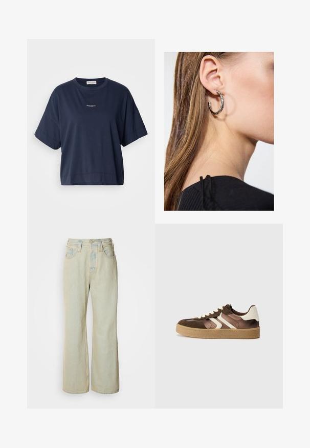 Maglietta navy blue a maniche corte realizzata in morbido cotone. Presenta un collo a giro e un piccolo logo stampato sul petto. Vestibilità casual.; Jeans blu chiaro a gamba larga realizzati in denim, con vita alta, cinque tasche e un leggero sbiadimento con accenti di cucitura a contrasto.; Sneaker marroni e crema realizzati in una combinazione di materiali scamosciati e satinati, con tre strisce diagonali e una suola in gomma testurizzata.; Orecchino a cerchio in argento con finitura lucida, caratterizzato da piccoli dettagli in oro e una forma tondeggiante, indossato sul lobo.