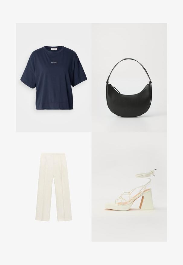 T-paita syvän sinisen värin, lyhythihainen, pehmeästä puuvillasta valmistettu. Ominaisuuksiin kuuluu pyöreä pääntie ja pieni logo painettuna rintaan. Rentoa tyyliä.; Valkoiset leveälahkeiset housut vaaleassa kermassa. Valmistettu sileästä kankaasta, jossa on laskokset edessä ja sivutaskut.; Valkoinen korkokenkä, jossa on paksu korko, ja joka sisältää nauhakiinnityksen ja nilkkaketjun. Sujuva pinta, jossa on platform-etupohja lisäkorkeutta varten.; Musta nahkainen olkalaukku, jossa on kaareva muoto, kapea kahva ja vetoketjukiinnitys. Ominaisuuksiin kuuluu sileä pinta ja hillitty logo.