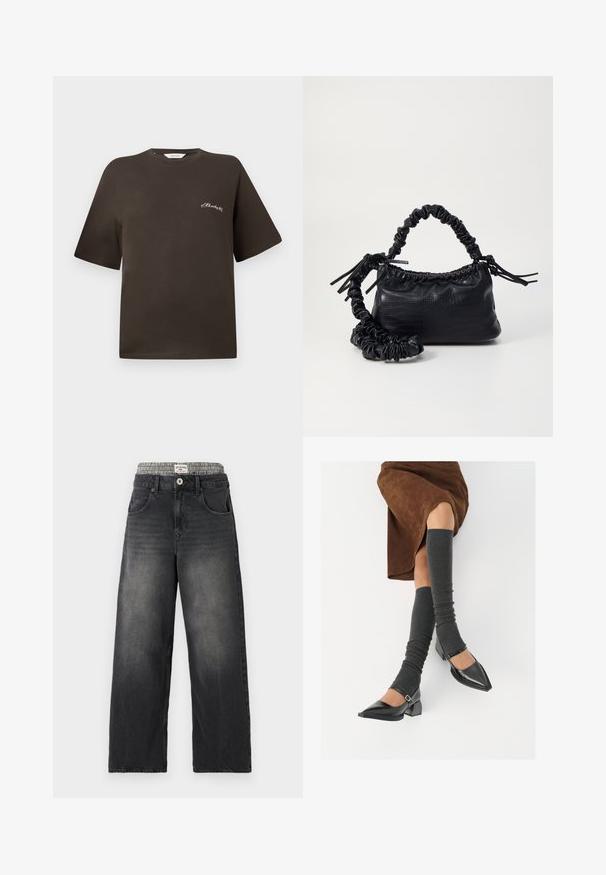 Ruskea puuvillapaita, jossa on lyhyet hihat, rento leikkaus, pyöreä kaula-aukko, ja vasemmassa rinnassa pieni valkoinen brodeerattu teksti.; Mustat farkut leveillä lahkeilla, joissa on houndstooth-kuvioitu vyötärö. Ominaisuuksiin kuuluu etutaskut ja nappikiinnitys. Kuluneet yksityiskohdat.; Musta lakattu nahkakengät teräväkärkisillä, leveällä kantapäällä ja nilkkahihnalla, yhdistettynä harmaisiin ribattuihin säärystimiin ja ruskeaan mokkasiinimekkoon.; Must-have mustekahvi nahkalaukku krokotiiliaistalla, kiristetty yläosa ja rypistetty hihna. Näyttää pehmeältä ja kompaktilta muotoilultaan.