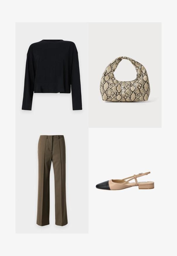 Črn dolg rokav uskladi top s okroglo izrezom. Izdelan iz mehkega blaga, z sproščenim krojem in spuščeno ramensko šivom. Brez vidnih vzorcev ali dodatkov.; Rjav krojen hlače z ravnim krojem, nabranim spredaj in klasičnim pasom. Narejene iz gladkega materiala z rafiniranim zaključkom.; Bežna in črna dvobarvna slingback čevlja s koničastim noskom, ravnim peto in križno zasnovo traku. Gladka usnjena tekstura.; Torba z vzorom kače s ukrivljenim ročajem. Narejena iz teksturiranih, bež in rjavih materialov, ki imajo značilen diamante vzorec.
