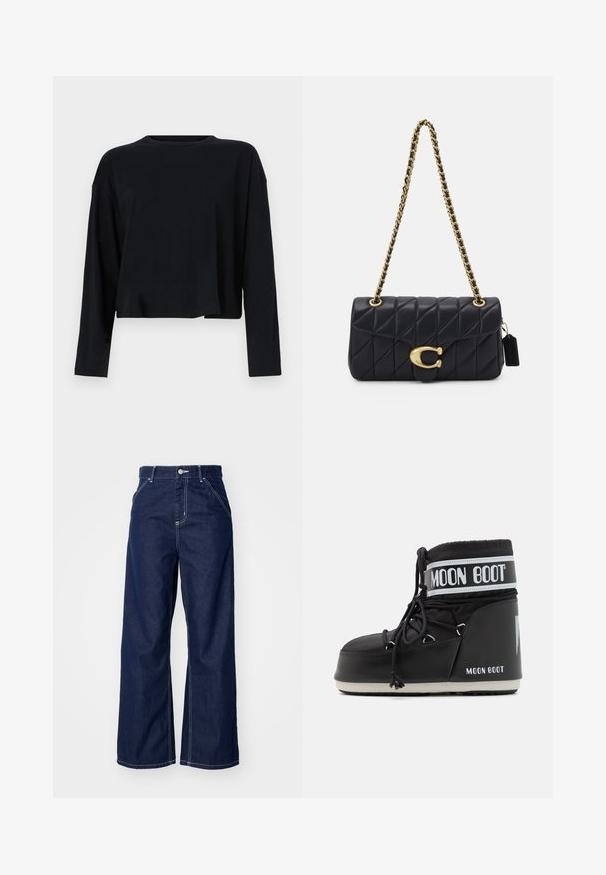 Black long-sleeve crop top with a round neckline. Made of soft fabric, featuring relaxed fit and dropped shoulder seams. No visible patterns or accents.; Wide-leg jeans in dark blue denim, featuring a high waist, contrasting white stitching, and traditional five-pocket design.; Black Moon Boot with a padded upper, secured by laces and a distinctive white band featuring the logo. Thick, textured rubber sole.; Black quilted handbag with a gold chain strap, featuring a distinctive gold clasp and a small tag, showcasing a textured leather surface.
