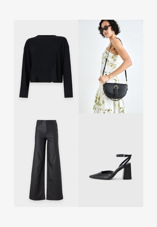 Čierny dlhý rukáv tlačený crop top s okrúhlym výstrihom. Vyrobený z mäkkého materiálu, má voľný strih a spadnuté plecia. Žiadne viditeľné vzory ani akcenty.; Čierne široké nohavice z materiálu imitujúceho kožu. Majú vysoký pás, pútka na opasok, dve predné vrecká a šité detaily.; Čierne kožené lodičky s špicatou špičkou a členkovým remienkom, s masívnym podpätkom. Hladký povrch, elegantný dizajn a minimalistická estetika.; Čierna kožená kabelka s zaobleným tvarom, odnímateľným popruhom a zlatými doplnkami. Kabelka má klopu s detailom s prackou.