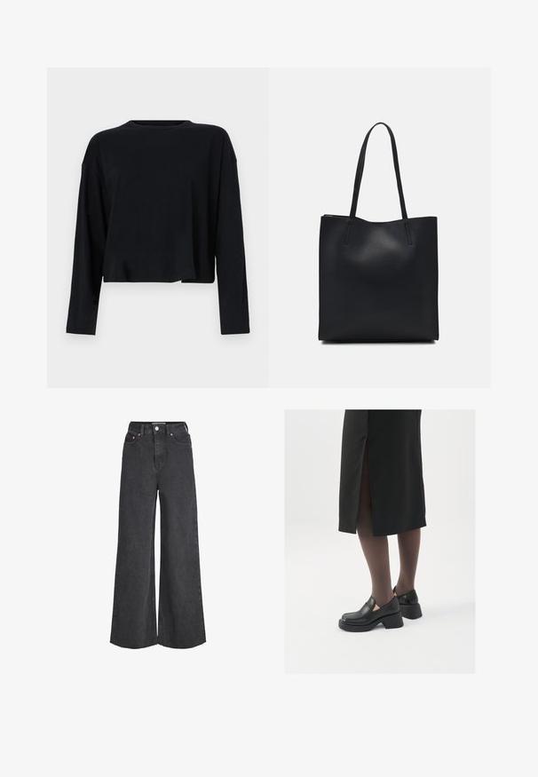 Mustade pikkade varrukatega lühikese lõikega topp ümarate kaelustega. Valmistatud pehmest materjalist, millel on mugav lõige ja madalad õmblused õlgadel. Ilma nähtavate mustrite või aktsentideta.; Kõrge vöökohaga mustad laiad teksad, millel on ees nupp ja lukku, viis taskut ning toored äärise detailid.; Mustad mustad jalatsid ümmarguse varbaga, paksu plokkniidi ja elastsete külgdetailidega, kombineeritud tumedate sukkade ja musta lõhikuga seelikuga.; Mustast nahast kott sujuva tekstuuriga, ristkülikukujuline ja kahe pika sangaga. Pole nähtavat riistvara ega kaunistusi.