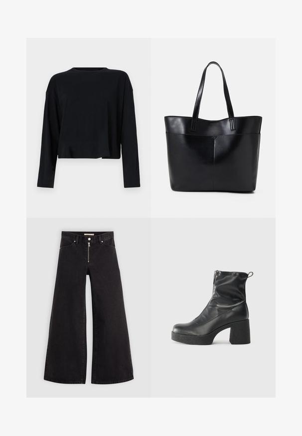 Mustade pikkade varrukatega lühikese lõikega topp ümarate kaelustega. Valmistatud pehmest materjalist, millel on mugav lõige ja madalad õmblused õlgadel. Ilma nähtavate mustrite või aktsentideta.; Laiad teksad mustast denimist, millel on lukuga eesmine osa, viie taskuga disain ja peened õmblusdetailid. Sile tekstuur ja juhuslik stiil.; Mustad mustad ansapüksid, mis on valmistatud siledast nahast, külje zipperiga, paksu tekstuuriga kontsaga ja ümmarguse nina disainiga.; Must mustaga musta nahast, millel on kaks pikka kanda, sile tekstuur ja struktureeritud kuju. Esipoolsel on lisakoti jaoks tasku.