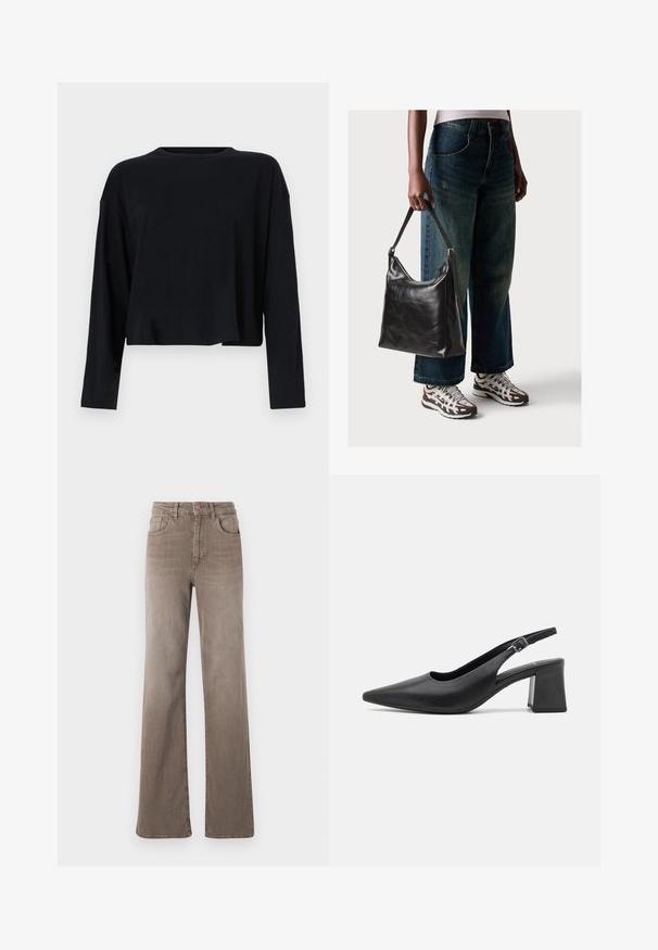 Svart långärmad crop top med rund halsringning. Tillverkad av mjukt material, med avslappnad passform och sänkta axelsömmar. Inga synliga mönster eller detaljer.; Bruna högmidjade rakbenade jeans med framknapp, bältesöglor och klassisk femfickorsdesign på vit bakgrund.; Svart läder slingback med klack, med spetsig tå och kraftig blockklack. Har en justerbar rem med en metallspänne.; Svart läderaxelväska med en slät yta och justerbar rem, i kombination med urtvättade vida jeans och sportiga sneakers.