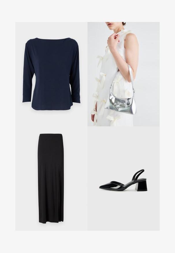 Mørkeblå langermet topp laget av mykt stoff, med vid halsutskjæring og avslappet passform, rett kant og minimale sømmer.; Svart maxiskjørt laget av mykt, elastisk materiale. Har en sidesplit og et enkelt, strømlinjeformet design uten dekorasjoner.; Svarte patentlær slingback hæler med spiss tå og geometrisk blokk hæl. Har et stilrent, minimalistisk design og jevn tekstur.; Sølvmetallisk håndveske med en strukturert form, med en topphåndtak og sløyfedetalj foran. Glatt tekstur, reflekterende overflate.