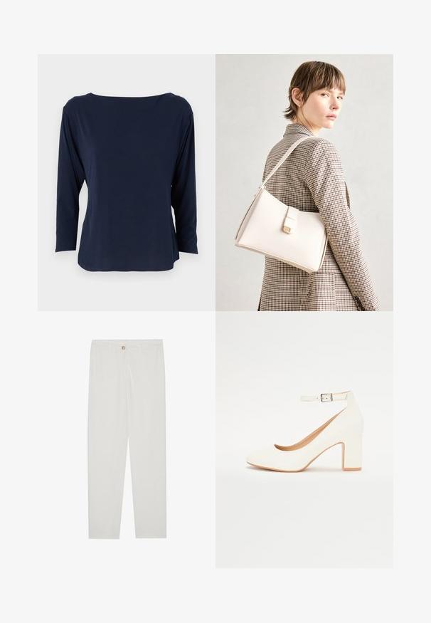 Marineblaue Langarmbluse aus weichem Stoff, mit weitem Ausschnitt und lockerer Passform, geradem Saum und minimalen Nähten.; Weisse, maßgeschneiderte Hosen mit geradem Bein, die über einen Knopfverschluss, Gürtelschlaufen und Seitentaschen verfügen; glatte Stoffoberfläche.; Weißer High-Heel-Schuh mit spitzem Zehenbereich, Blockabsatz und Knöchelriemen. Glatte Oberfläche mit dezentem Glanz und beigem Innenfutter.; Weiße Lederhandtasche mit strukturiertem Design, ausgestattet mit einem Magnetverschluss und einem Schulterriemen, präsentiert vor einem neutralen Hintergrund.