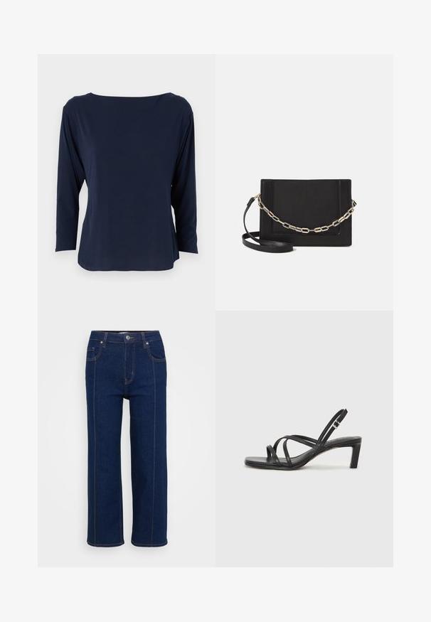 Tamno plavi dukserica dugih rukava od mekog materijala, sa širokim dekolteom i opuštenim krojem, pravim rubom i minimalnim šavovima.; Tamno plave traperice ravnog kroja s kopčanjem na gumbe, prednjim i stražnjim džepovima te vidljivim narančastim šavovima duž šavova.; Crne sandale s trakama, kvadratnim prstom i niskom blok petom. Ima više tankih trakica i podesivu trakicu oko gležnja. Izrađene su od glatke kože.; Crna kožna torba preko tijela s glatkom teksturom, pravokutnim oblikom i metalnim lancem na prednjoj strani. Uključena je podesiva naramenica.