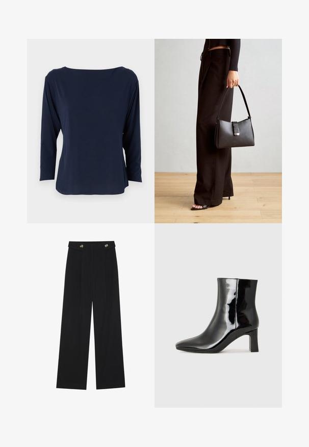 Mørkeblå langermet topp laget av mykt stoff, med vid halsutskjæring og avslappet passform, rett kant og minimale sømmer.; Svart vide bukser med høy midje, knappdetaljer på midjebåndet og frontplisser.; Sorte patentlær ankle boot med spiss tå og en mellomhøy blokkhelt. Glatt tekstur og minimalistisk design.; Svart håndveske med strukturert form, jevn tekstur og metallisk lås. Kombinert med brede svarte bukser og sandaler med åpen tå på tregulv.