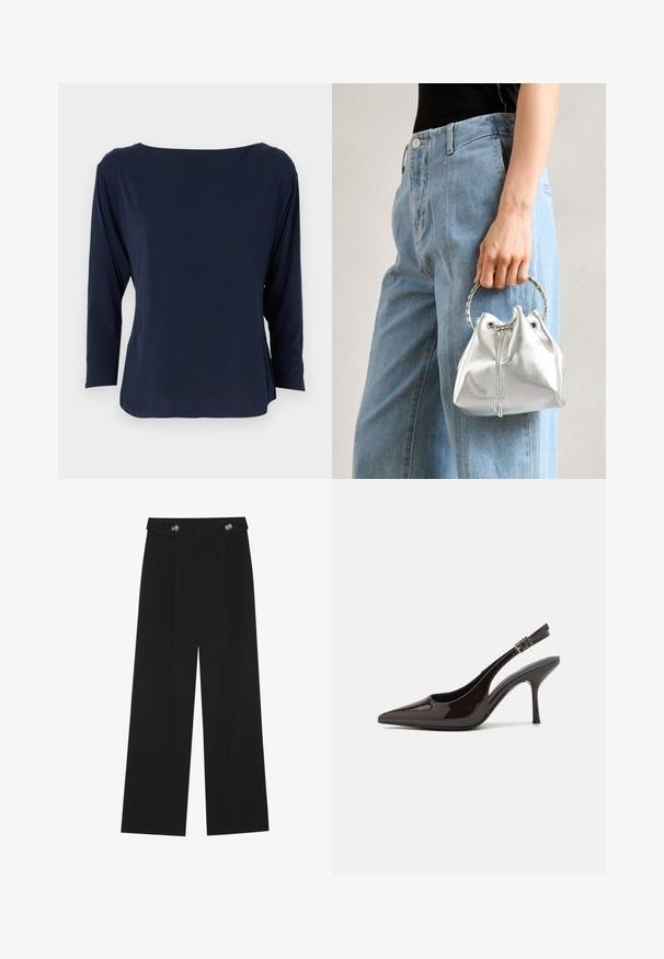 Tamsiai mėlynas ilgos rankovės marškinėliai, pagaminti iš minkštos medžiagos, su plačiu iškirpimu ir laisvu siluetu, tiesia apatine dalimi ir minimaliais siūlais.; Juodi plačios kojos kelnės su aukštu liemeniu, sagų detalėmis ant liemens ir priekinėmis raukšlėmis.; Blizganti tamsiai ruda lakinės odos aukšto kulno bateliai, smailus nosis, atviros šoninės dalys ir reguliuojamas kulkšnies dirželis.; Metalinis sidabrinis kibirėlis su tekstūruota apdaila, papuoštas sidabriniu apvaliu rankeniu ir raišteliu, laikomas prieš šviesiai mėlynus džinsus.