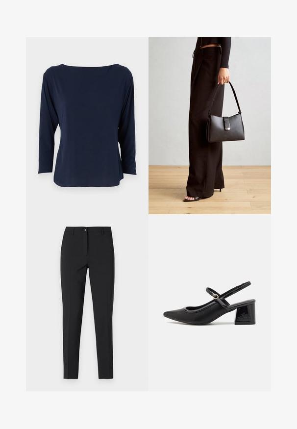 Tumesinine pikakä sleevese top, mis on valmistatud pehmest kangast, laia kaelusega ja mugava istuvusega, sirge hemiga ja minimaalsete õmblustega.; Mustad sobivad püksid siledast kangast, klassikalise vöökoha, ees oleva lukuga ja küljetaskutega, millel on stiilne ja kohandatud disain.; Mustad läikivad nahast slingback-kõrged kontsad, millel on terav nina, ümar lõikekujundus ja blokknina. Omab kuldset nupu aktsenti.; Must musta kott, millel on struktureeritud kuju, sile tekstuur ja metallist klamber. Kombineeritud laiate mustade pükstega ja avatud varvaste sandaalidega puidust põrandal.