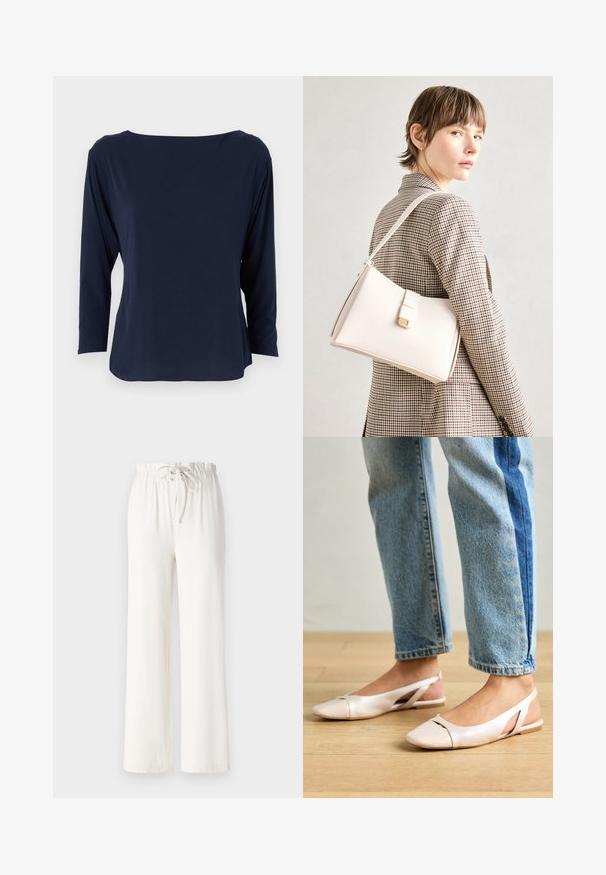 Marineblaue Langarmbluse aus weichem Stoff, mit weitem Ausschnitt und lockerer Passform, geradem Saum und minimalen Nähten.; Weiße weite Hosen aus weichem Stoff, mit einem Kordelzugbund und glatter Textur. Keine Muster oder Verzierungen sichtbar.; Blassrosa Slingback-Ballerinas mit spitzem Punkt, aus einem glatten, lederähnlichen Material. Mit Ausschnitten an den Seiten und einem flachen Absatz.; Weiße Lederhandtasche mit strukturiertem Design, ausgestattet mit einem Magnetverschluss und einem Schulterriemen, präsentiert vor einem neutralen Hintergrund.