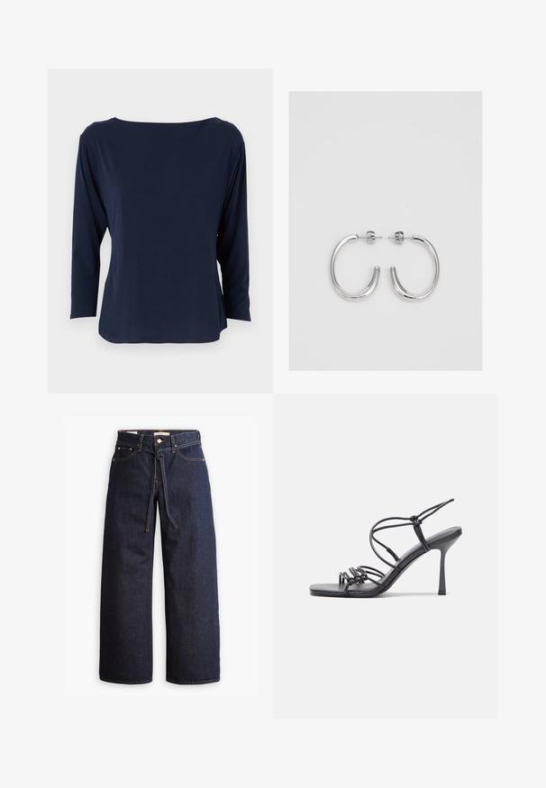 Sötétkék, hosszú ujjú felső, puha anyagból készült, széles nyakkivágással és laza szabással, egyenes aljjal és minimalista varrásokkal.; Széles lábú, sötétkék farmernadrág magas derékkal, húzózsinórral, öt zsebbel és kontrasztos varrással.; Fekete magas sarkú szandálok vékony pántokkal, csomózott mintával, sima négyzetes orral és karcsú stiletto sarkal rendelkeznek.; Ezüst karika fülbevalók sima, fényes felülettel. Lekerekített forma, könnyű kialakítással, tűs zárómechanizmussal.