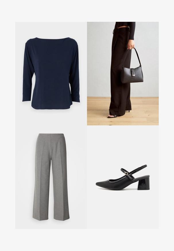 Marineblaue Langarmbluse aus weichem Stoff, mit weitem Ausschnitt und lockerer Passform, geradem Saum und minimalen Nähten.; Graue maßgeschneiderte Schlaghose mit einer glatten Textur, flachem Vorderteil und präzisen Falten auf jedem Bein.; Schwarze Lackleder-Slingback-Absätze mit spitzer Zehenform, einem runden Ausschnitt-Design und einem Blockabsatz. Mit einem goldfarbenen Schnallenakzent.; Schwarze Handtasche mit strukturierter Form, glatter Textur und einem metallischen Verschluss. Kombiniert mit weiten schwarzen Hosen und offenen Sandalen auf einem Holzboden.