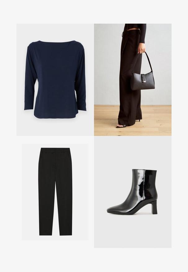 Tummansininen pitkähihainen paita, joka on valmistettu pehmeästä kankaasta. Siinä on tilava kaula-aukko ja rento istuvuus, suora helma ja minimaaliset saumat.; Musta housut, joissa on räätälöity muotoilu, sivutaskut ja suora lahje. Valmistettu sileästä, kevyestä kankaasta, jossa on tyylikkäät pinnat.; Musta patenttilakattu nilkkuri, jossa on terävä kärki ja keskipitkä lohkarekorko. Silkkinen pinta ja minimalistinen muotoilu.; Musta käsilaukku, jossa on rakenteellinen muoto, sileä pinta ja metallinen solki. Yhdistetty leveisiin mustiin housuihin ja avonaiheisiin sandaaleihin puulattialla.