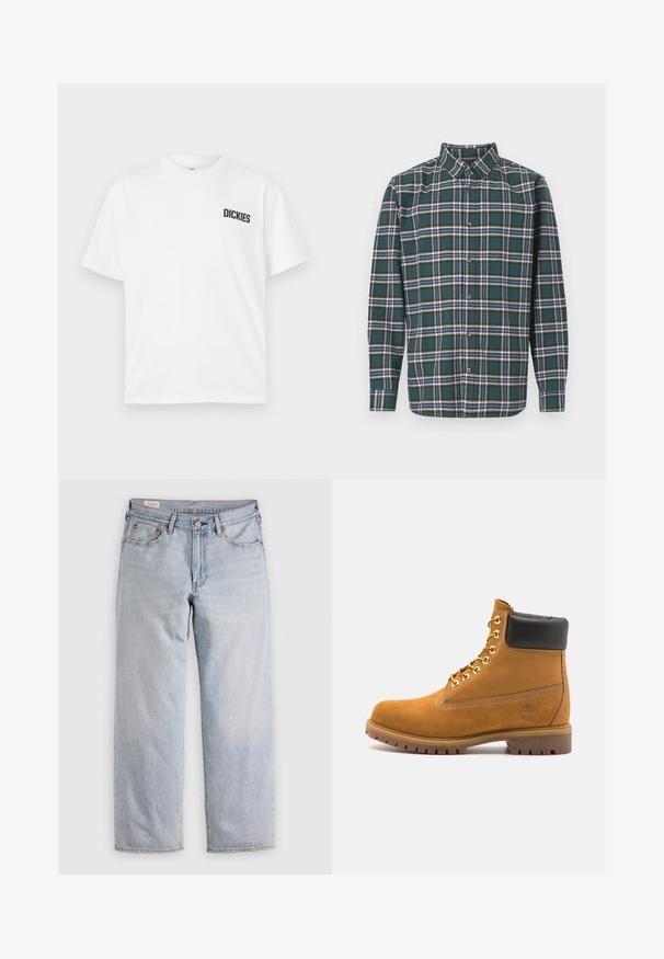 Bijela majica kratkih rukava od pamuka. Ima okrugli izrez i mali crni "DICKIES" logo na lijevoj strani prsnog područja.; Zeleni flanel košulja s kariranim uzorkom koji sadrži plave, bijele i senf žute linije. Prednji dio s dugmadima i oštrim kragnom. Duge rukave.; Svijetloplave traperice ravnog kroja s visokim strukom, zatvaranjem na dugme i prednjim i stražnjim džepovima, prikazane na ravnoj površini.; Antracitne antilop čizme do gležnjeva s crnim podstavljenim ovratnikom, zlatnim metalnim rupicama, bijelim šavovima i robusnom gumenom potplatom s izraženim šarama.