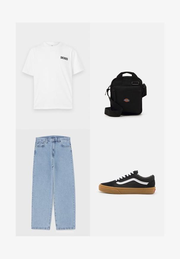 Weißes T-Shirt mit kurzen Ärmeln aus Baumwolle. Hat einen Rundhalsausschnitt und ein kleines schwarzes "DICKIES"-Logo auf der linken Brustseite.; Hellblaue Jeans aus Denim mit geradem Bein, ausgestattet mit einer mittelhohen Taille, fünf Taschen sowie einem Knopf- und Reißverschluss.; Schwarze Wildledersneaker mit einem weißen Seitenstreifen, weißen Schnürsenkeln und Gummi-Sohle. Klassisches Low-Top-Design mit strukturierten Akzenten und runder Zehenpartie.; Schwarze Umhängetasche mit einem Reißverschlussfach, rechteckiger Form, aus Stoff gefertigt, mit einem Logo-Patch auf der Vorderseite und verstellbarem Schultergurt.