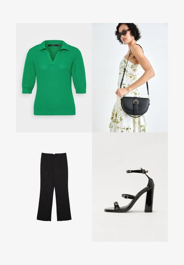 Zelený pletený pulóver s výstrihom do V a krátkymi rukávmi. Tkanina s textúrou má ribbovaný dizajn; má klasický golier.; Čierne nohavice so strihom rovného strihu, s prednými vreckami a bočnými rozparkami na leme. Vyrobené z mäkkej, hladkej tkaniny. Vhodné na rôzne príležitosti.; Čierne lakované sandále na podpätku so štvorcovou špičkou, navlečenými remienkami okolo členku a striebornými prackami. Disponujú masívnym blokovým podpätkom pre stabilitu.; Čierna kožená kabelka s zaobleným tvarom, odnímateľným popruhom a zlatými doplnkami. Kabelka má klopu s detailom s prackou.