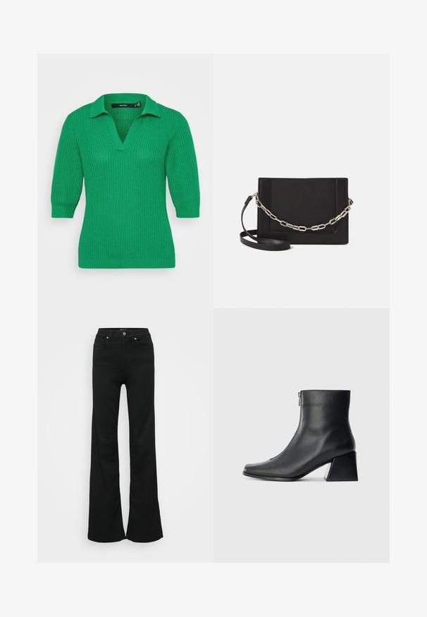 Zelený pletený pulovr s výstřihem do V a krátkými rukávy. Texturovaná tkanina má žebrovaný vzor; obsahuje klasický límec.; Černé zvonové džíny vyrobené z denimu, s vysokým pasem, pěti kapsami a kovovým zapínáním. Hladká textura s minimálním zdobením.; Černá kožená kotníková bota se čtveratým špičkou, bočním zipem a blokovým podpatkem na jednobarevném světlem pozadí.; Černá kožená crossbody taška s hladkým povrchem, obdélníkovým tvarem a kovovým řetízkem na přední straně. Součástí je nastavitelný popruh.