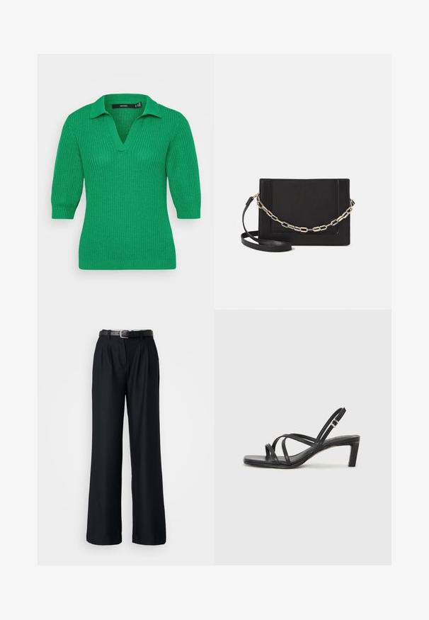 Zöld, kötött pulóver V-nyakkal és rövid ujjakkal. A textúrált anyag bordás mintázattal készült; klasszikus gallérral rendelkezik.; Fekete, bő szárú nadrág sima anyagból, elől redőzött kialakítással és egy azonos színű, ezüstcsatos fekete övvel.; Fekete pántos szandál négyzetes orral és alacsony blokk sarkal. Több vékony pánttal és állítható boka pánttal rendelkezik. Sima bőrből készült.; Fekete bőr keresztpántos táska, sima textúrával, téglalap alakú és fém lánc részlettel az elején. Állítható pánttal ellátva.