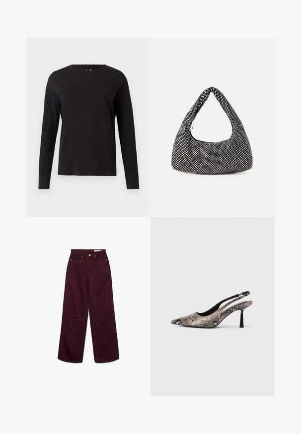 Svart langermet T-skjorte laget av bomull med rund hals. Har en glatt tekstur og enkel design, passende for hverdagsbruk.; Burgunderfargede vide bukser laget av bomull, med høy midje, fem lommer og metallbeslag. Glatt tekstur med ensfarget overflate.; Pekefotede slingback-sko laget av teksturert slange-print materiale, med en slank svart hæl og et utskjæringsdesign på sidene.; Svart veske med en buet, hobo-form, teksturert stoff med sølvnitter. Enkelt bånd, glidelås lukking, og myk silhuett.