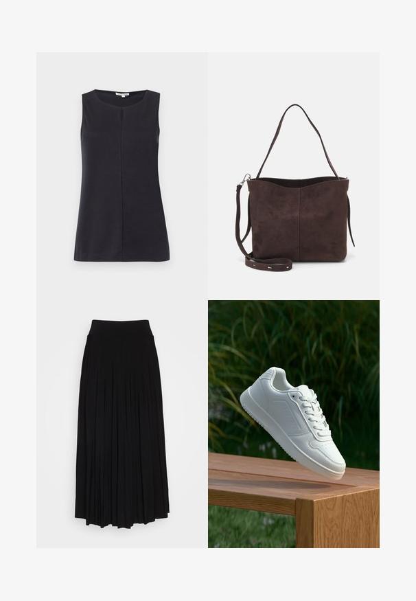 Sleeveless black top made of soft fabric, featuring a rounded neckline and a central seam down the front. Smooth texture, simple design.; Black pleated skirt with a high, stretchy waistband. Made from soft fabric, featuring vertical pleats for a flowing silhouette.; White sneaker with a smooth synthetic upper, perforated toe box, flat laces, and a textured sole, displayed on a wooden surface.; Brown suede tote bag with a soft texture, featuring a single shoulder strap and a subtle curved top opening. No visible hardware details.