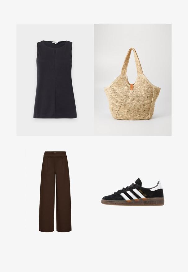 Varrukata musta topp, mis on valmistatud pehmest kangast, millel on ümar kaelus ja keskel õmblus ees. Sile tekstuur, lihtne disain.; Pruunid laiade jalgadega püksid, mis on valmistatud siledast kangast, kõrge vöökoht ja kaks esistarti, loodud mugavaks istuvuseks.; Mustad must Adidas'i sneaker valgete triipudega, kuldse "Spezial" tekstiga, kummi tallaga ja valge kontsaga, kujutatud külgvaates.; Suur õlgkott, millel on tekstureeritud beež välimus ja kaks laia sang. Omab nahast kaunistusrihma sulgemiseks.