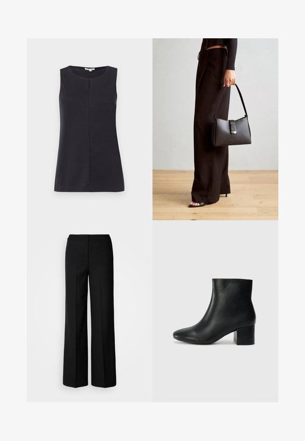 Černý top bez rukávů vyrobený z měkké látky, s kulatým výstřihem a středovým švem vpředu. Hladká textura, jednoduchý design.; Černé kalhoty s širokými nohavicemi z hladkého materiálu, s vysokým pasem, tailorovými švy a minimalistickým designem. Žádné viditelné kovové prvky ani kapsy.; Černé kožené kotníkové boty s špičatou špičkou a robustním podpatkem. Hladký povrch s minimálními akcenty a elegantním, přiléhavým designem.; Černá kabelka se strukturovaným tvarem, hladkým povrchem a kovovým uzávěrem. Kombinována s širokými černými kalhotami a sandály s otevřenou špičkou na dřevěné podlaze.