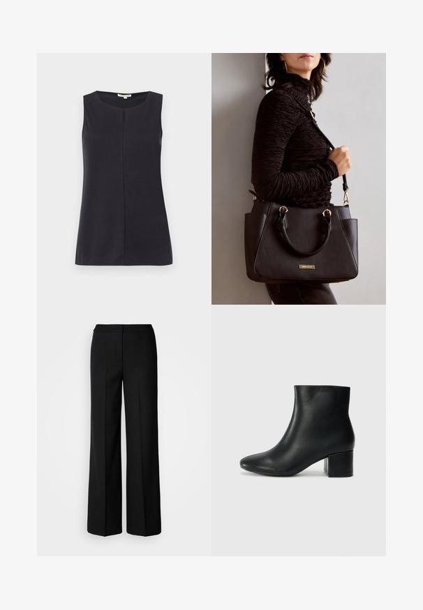 Ærmeløs sort top lavet af blødt stof, med rund halsudskæring og en central søm ned langs forsiden. Glat tekstur, enkelt design.; Sorte brede bukser i glat stof, med høj talje, skræddersyede sømme og et minimalistisk design. Ingen synlig hardware eller lommer.; Sorte læder ankelstøvler med spids tå og en kraftig hæl. Glat tekstur med minimale detaljer og et slankt, tætsiddende design.; Sort håndtaske med struktureret overflade, dobbelt topbærere og justerbar skulderrem. Udstyret med guldfarvet metalhardware og sidelommer.