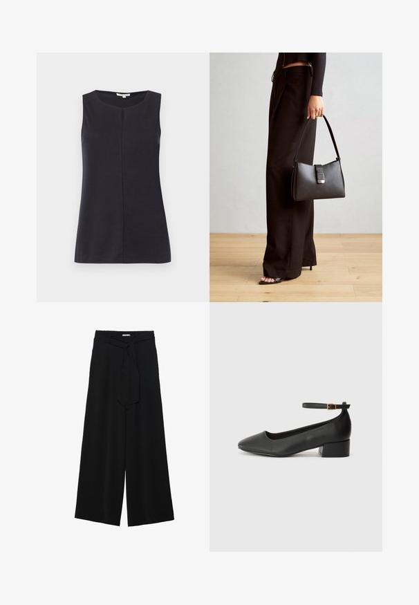 Bezrukávový čierny top vyrobený z mäkkej látky, s okrúhlym výstrihom a centrálnym švom v prednej časti. Hladká textúra, jednoduchý dizajn.; Čierne široké nohavice s textúrovanou tkaninou, elastickým pásom a odnímateľným viazaním na páse pre nastaviteľné priliehanie.; Čierne kožené lodičky s špicatou špičkou a nízkym blokovým podpätkom. Obsahuje remienok okolo členka so zlatým prackou. Hladký povrch.; Čierna kabelka so štruktúrovaným tvarom, hladkou textúrou a kovovou sponou. V kombinácii so širokými čiernymi nohavicami a sandálmi s otvorenou špičkou na drevenej podlahe.