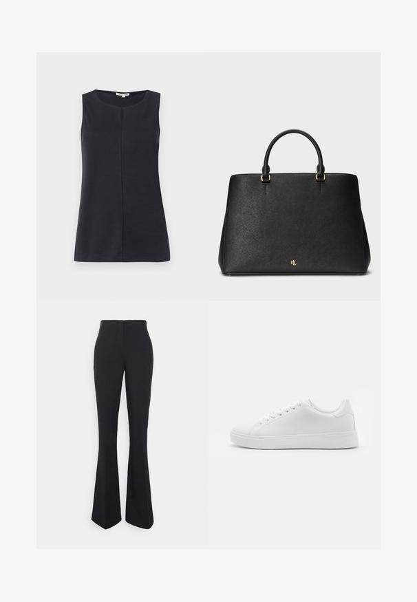 Top negru fără mâneci, realizat dintr-un material moale, cu un guler rotund și o cusătură centrală pe față. Textură netedă, design simplu.; ONLY Tall ONLEDINA FLARE PANT - Pantaloni - black; Adidași albi cu un superior sintetic neted, bot rotund, șase eyeleti pentru șireturi și o talpă din cauciuc de profil jos cu detalii texturate.; Geantă de mână din piele neagră, cu un design structurat, textură netedă și două mânere superioare. Dotată cu accente aurii și un logo în partea de jos.