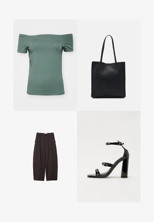 Košeľa s odhalenými ramenami a krátkym rukávom v tlmenej zelenej farbe z bavlny, s priliehavým strihom a hladkou textúrou, s jednoduchým výstrihom a lemom.; Čierne široké nohavice vyrobené z hladkej tkaniny, s vysokým pásom, prednými skladmi a bočnými vreckami. Jednoduchý dizajn bez ozdôb.; Čierne lakované sandále na podpätku so štvorcovou špičkou, navlečenými remienkami okolo členku a striebornými prackami. Disponujú masívnym blokovým podpätkom pre stabilitu.; Čierna kožená taška na rameno s hladkým povrchom, obdĺžnikovým tvarom a dvoma dlhými uchami. Bez viditeľného kovania alebo ozdôb.