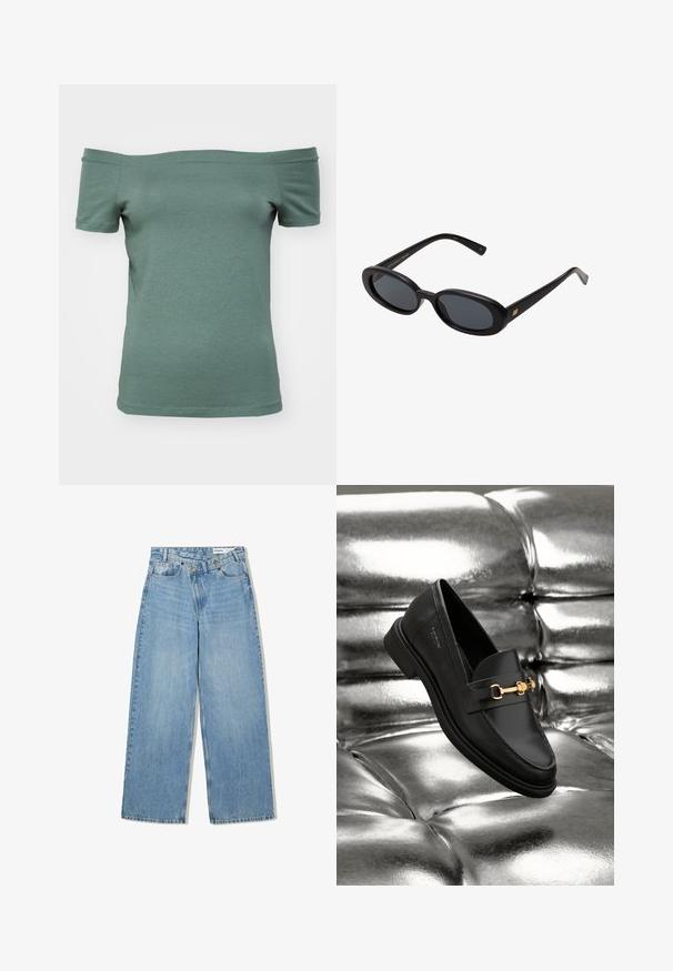 Koszulka na ramiona w krótkim rękawie w stonowanym zielonym kolorze z bawełny, o dopasowanym kroju i gładkiej fakturze, z prostym dekoltem i wykończeniem.; Jasnoniebieskie dżinsy w szerokim kroju, wykonane z denimu, z podwyższonym stanem, pięcioma kieszeniami, zapięciem na guzik i subtelnym wyblaknięciem dla uzyskania tekstury.; Czarne skórzane loafersy z detalem w złotym odcieniu. Buty mają smukły design i gładką, błyszczącą fakturę.; Czarne, oversize okulary przeciwsłoneczne z owalnymi soczewkami, gładkim plastikowym mostkiem i złotymi akcentami na zausznikach. Ciemne soczewki zapewniają ochronę przed słońcem.; Miękka, brązowa torebka w stylu hobo z jedną szeroką rączką i wyprofilowanym otwarciem, wyeksponowana na białym tle.