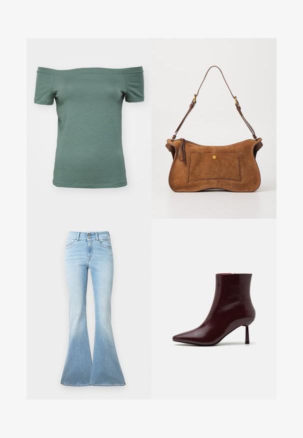 Maglietta corta a spalla scoperta in cotone verde pallido, con una forma aderente e una texture liscia, caratterizzata da un collo e un orlo semplici.; Jeans svasati di colore azzurro realizzati in denim. Presentano una vita alta con due bottoni e un leggero sbiadimento verso l'orlo. Design classico a cinque tasche.; Stivale alla caviglia in pelle laccata bordeaux con punta affusolata e tacco stiletto sottile, caratterizzato da una texture liscia e lucida e da un design minimalista.; Dolce Vita JOSIE - Borsa a mano - pecan; Orecchini color oro con una forma liscia e arrotondata, caratterizzati da una superficie riflettente e una chiusura a perno per un indossamento sicuro.