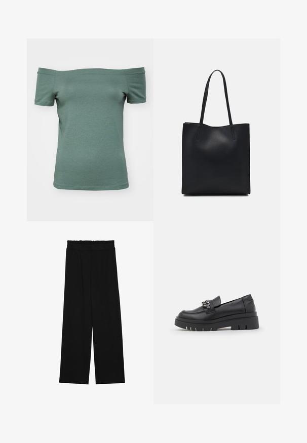 Δεμένη μπλούζα με κοντά μανίκια και ανοιχτό στους ώμους από βαμβάκι σε μουδιασμένο πράσινο χρώμα, με εφαρμοστή γραμμή και λεία υφή, που έχει απλό ντεκολτέ και στρίφωμα.; Μαύρο παντελόνι με φαρδιά πόδια και ριχτό μέσο, που διαθέτει δύο πλαϊνές τσέπες και ύφασμα απαλό και ελαφρύ. Χωρίς ορατά μοτίβα ή μεταλλικά εξαρτήματα.; Μαύρο παπούτσι τύπου loafer με χοντρή πλατφόρμα, λεία δερμάτινη επένδυση, διακοσμητική αλυσίδα και ελαφριά τακούνι με εγκοπή.; Μαύρη δερμάτινη τσάντα tote με λείο υφή, ορθογώνιο σχήμα και δύο μακριές λαβές. Χωρίς ορατό υλικό ή διακοσμητικά στοιχεία.