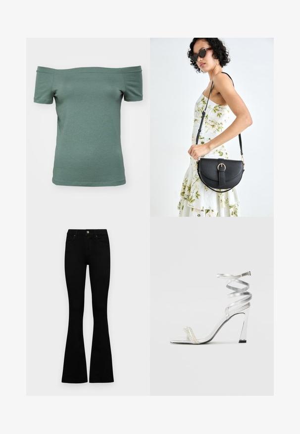 Camisa de manga curta off-the-shoulder em algodão verde suave, com um corte ajustado e uma textura lisa, apresentando um decote e uma bainha simples.; Jeans pretos de cintura alta com fecho de botão e zíper, bolsos frontais e pernas largas dispostos em cima de um fundo branco.; Sandalha de salto alto prateada com um design de tira brilhante, apresentando um detalhe semelhante a uma pérola e uma tira de tornozelo espiralada para um ajuste seguro.; Bolsa de couro preta com forma curva, alça destacável e detalhes em dourado. A bolsa possui uma aba com detalhe de fivela.