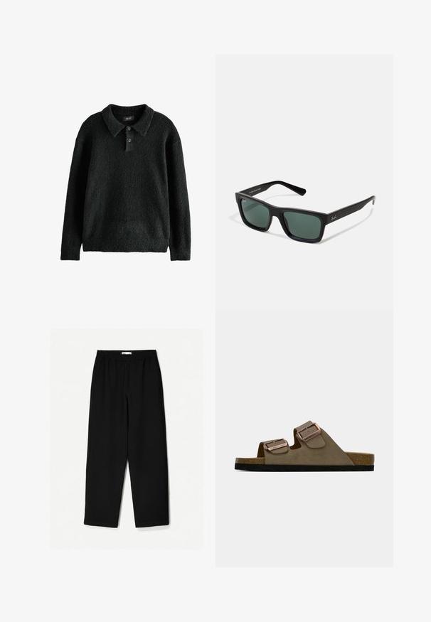 Černý, texturovaný svetr s límečkem, zapínáním na tři knoflíky a dlouhými rukávy. Vyrobený z měkkého, chlupatého materiálu.; Černé kalhoty s širokými nohavicemi vyrobené z lehkého materiálu. Mají elastický pas a hladkou texturu. Bez viditelných vzorů nebo kovových detailů.; Hnědé semišové sandály s dvěma nastavitelnými popruhy a kovovými přezkami. Korekkové stélky a černá texturovaná podrážka. Design s otevřenou špičkou.; Černé obdélníkové sluneční brýle se zelenými skly, s matným povrchem, rovnými nožkami a logem Ray-Ban na boční straně.