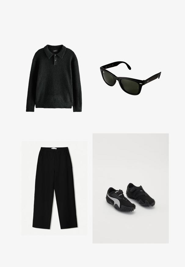 Zwarte, met textuur pullover trui met een kraag, een drie-knopen sluiting en lange mouwen. Gemaakt van een zachte, pluche stof.; Zwarte wijde broek van textuurstof, met een elastische tailleband en zijzakken. Eenvoudig, minimalistisch ontwerp zonder versieringen.; Zwarte sportschoenen met gestructureerde zolen, een gestroomlijnde silhouet en een grijs accentontwerp; beschikt over een veilige sluitband en een vetersluiting.; Zwarte kunststof zonnebril met donkergroene lenzen. Het vierkante frameontwerp heeft zilveren accenten en een reliëflogo op de poot.; Zwarte leren schoudertas met een zachte, gladde textuur, gebogen bovenkant en een ronde bodem, gepresenteerd naast lichtgekleurde broeken.; Zilveren metalen polshorloge met een vierkante kast, witte wijzerplaat, Romeinse cijfers en een zilveren schakelarmband. Beschikt over een waterdicht ontwerp.