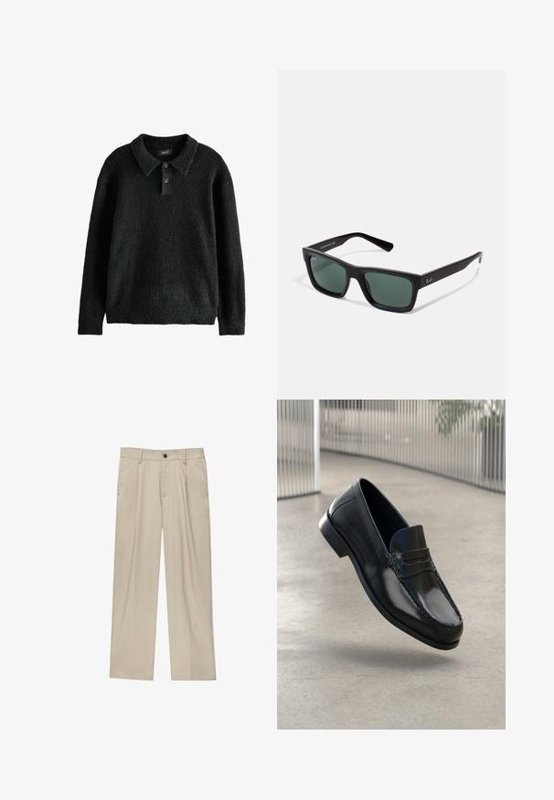 Zwarte, met textuur pullover trui met een kraag, een drie-knopen sluiting en lange mouwen. Gemaakt van een zachte, pluche stof.; Beige broek met een rechte snit, voorzien van een enkele zwarte knoop, riemlussen en zijzakken. Glad stoffen textuur en een minimalistisch ontwerp.; Zwarte leren loafers met een gladde afwerking, een afgeronde neus, decoratieve stiksels en een licht verhoogde zool.; Zwarte rechthoekige zonnebril met groene lenzen, voorzien van een matte afwerking, rechte pootjes en het Ray-Ban-logo aan de zijkant.