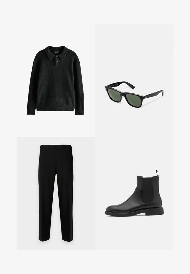 Sort, tekstureret pullover sweater med krave, tre-knaps lukning og lange ærmer. Fremstillet af et blødt, fuzzy materiale.; Sorte bukser lavet af glat stof, med lige snit, to forlommer og lynlås med knaplukning.; Sort læder ankelstøvle med glat overflade, elastiske sidepaneler og en trækstrop. Rund tå og flad gummisål med minimal mønster.; Sorte plastiksolkaber med grønne linser, firkantede stel, sølvaccent på brynene og teksturerede templede arme. Angivet mærke på den indre arm.