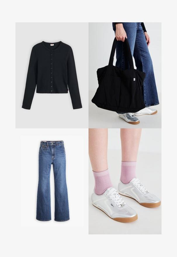 Schwarzer, gerippter Cardigan mit rundem Ausschnitt, langen Ärmeln und einer Reihe von sechs Knöpfen vorne. Weiche Textur, verkürzte Länge.; Hoch sitzende blaue Denim-Jeans mit weitem Bein, ausgestattet mit einer Vordertasche, Messingknopfverschluss und Kontrastnähten.; Silberne Sportschuhe mit weißen Akzenten und Gummisohlen, kombiniert mit gerippten rosa Socken, die ein niedriges Profildesign zeigen.; Schwarze Stofftasche mit einem gepolsterten Design, zwei robusten Griffen und einem kleinen Logo-Patch auf der Vorderseite, gehalten von einer Person in Denim.