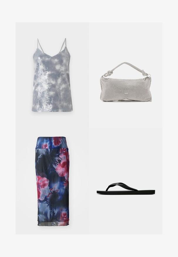 Ujjatlan szürke felső világos felhőmintával. Az egyik oldalán ezüst flitterek találhatók, ami extra textúrát és fényt kölcsönöz. V-kivágású, vékony pántokkal.; Sötétkék virágmintás szoknya, rózsaszín és lila árnyalatokkal, könnyű anyagból készült, sima textúrával és rugalmas derékrésszel.; Fekete gumipapucs, textúrált pánttal és egyszerű lapos talppal, oldalnézetből, világos háttér előtt.; Ezüst színű fémhálós válltáska, kötött fogantyúval, zipzáros záródással és sima felületű geometrikus formával.