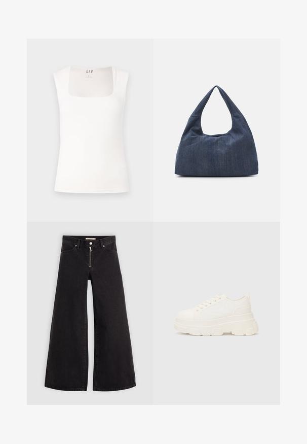 Hvit ermeløs topp med kvadratisk utringning. Glatt, elastisk stoff med en tettsittende passform. Merke med "GAP" på baksiden av halsen.; Vide benbukser i sort denim med glidelås i front, fem-lomme design og subtile sømdetaljer. Glatt tekstur og avslappet stil.; Hvit kanvas sneakers med chunky såle, avrundet tå og fem hull for snøringer. Bakre tab for enkel påkledning. Glatt tekstur, minimalistisk design.; Mørkeblå denimveske med en myk, slapp form, som har en hobo-stil håndtak og en teksturert overflate. Ingen synlige maskinvaredetaljer.
